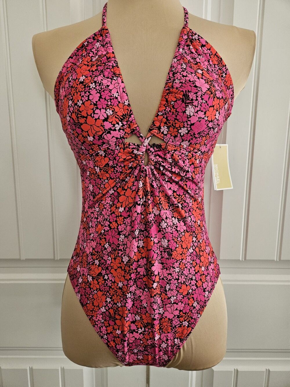 Michael Kors Pink Red  & Black Floral Tie Halter Deep V  Keyhole Swimsuit 10